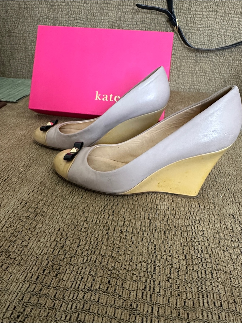 kate spade Two-Tone Beige & Black Cap-Toe Leather Pumps with Bow Accent